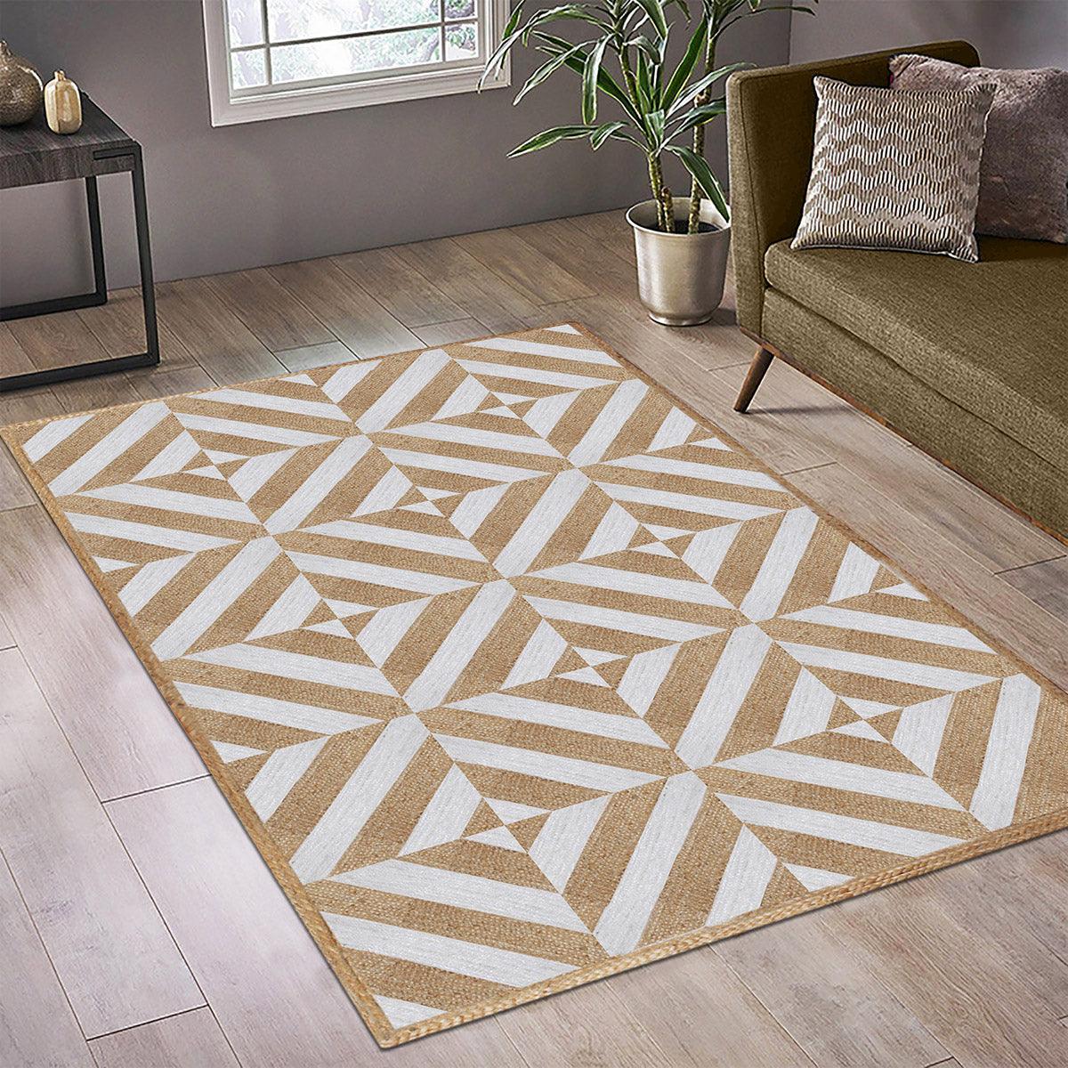 Dining Room White Beige Hand Braided Geometric Jute Rug - Indian Rug Store