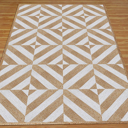 Dining Room White Beige Hand Braided Geometric Jute Rug - Indian Rug Store