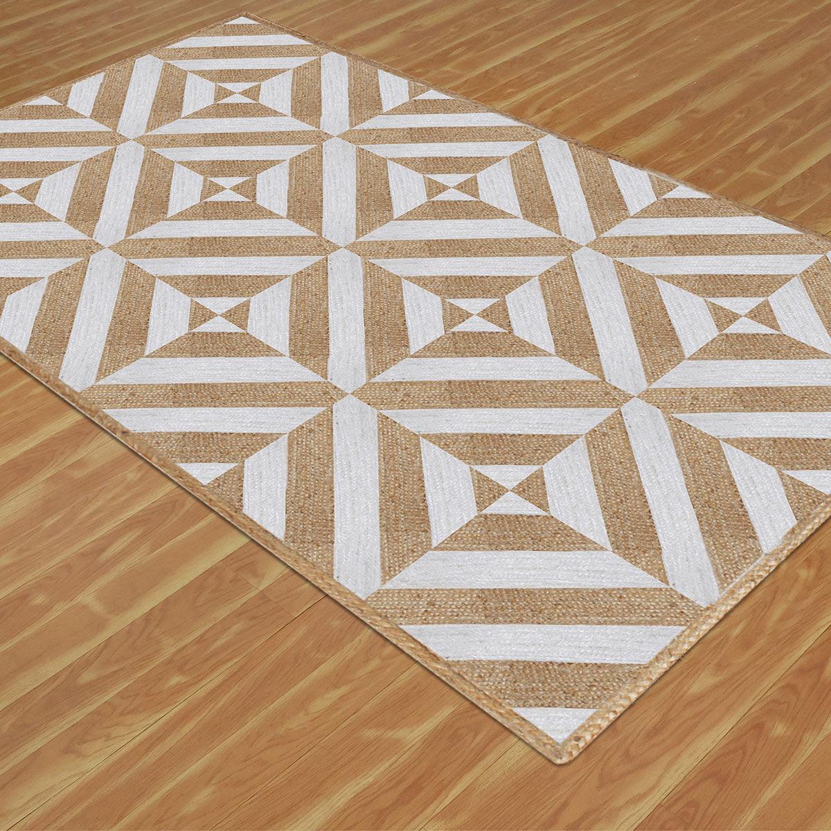 Dining Room White Beige Hand Braided Geometric Jute Rug - Indian Rug Store