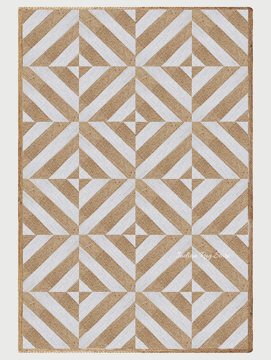 Dining Room White Beige Hand Braided Geometric Jute Rug