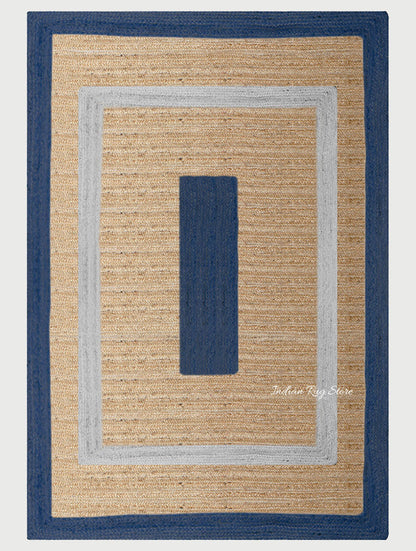 Blue Beige Hand Braided Geometric Hallway Jute Rug