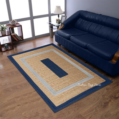 Blue Beige Hand Braided Geometric Hallway Jute Rug