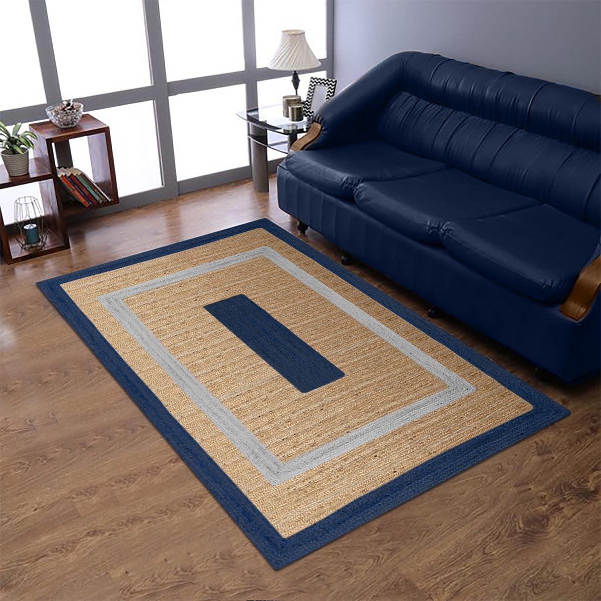 Blue Beige Hand Braided Geometric Hallway Jute Rug - Indian Rug Store