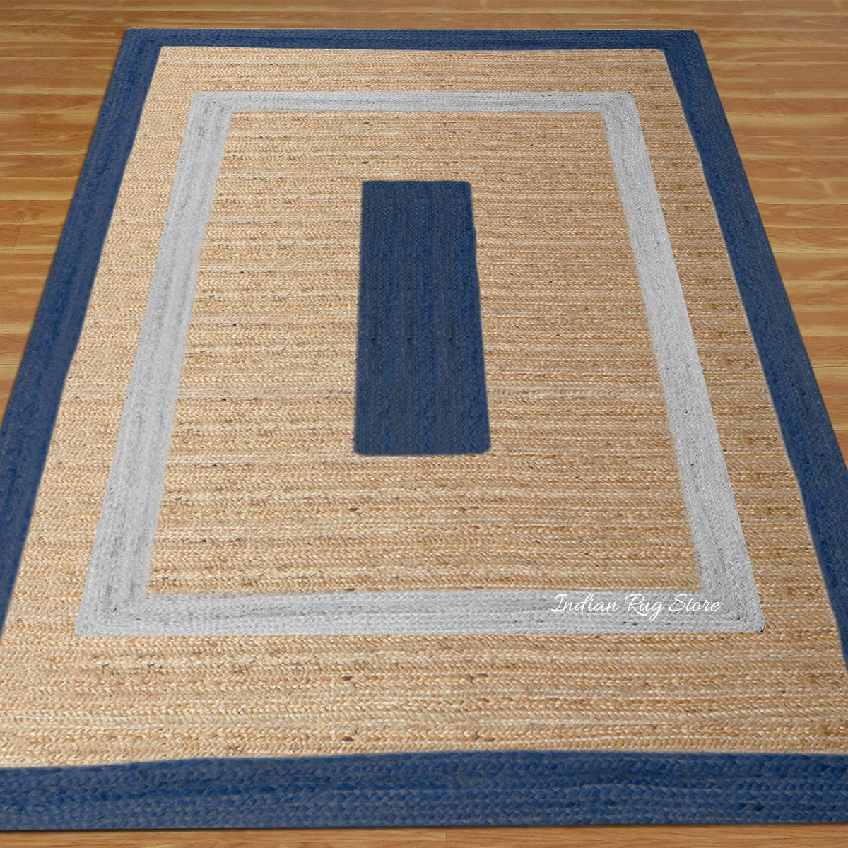 Blue Beige Hand Braided Geometric Hallway Jute Rug