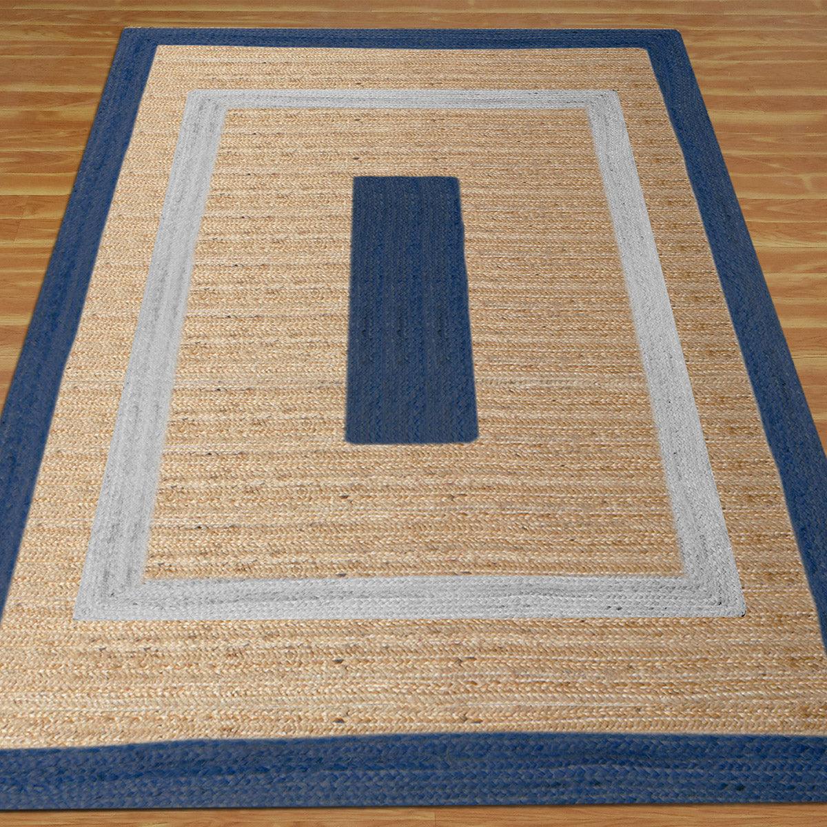 Blue Beige Hand Braided Geometric Hallway Jute Rug - Indian Rug Store