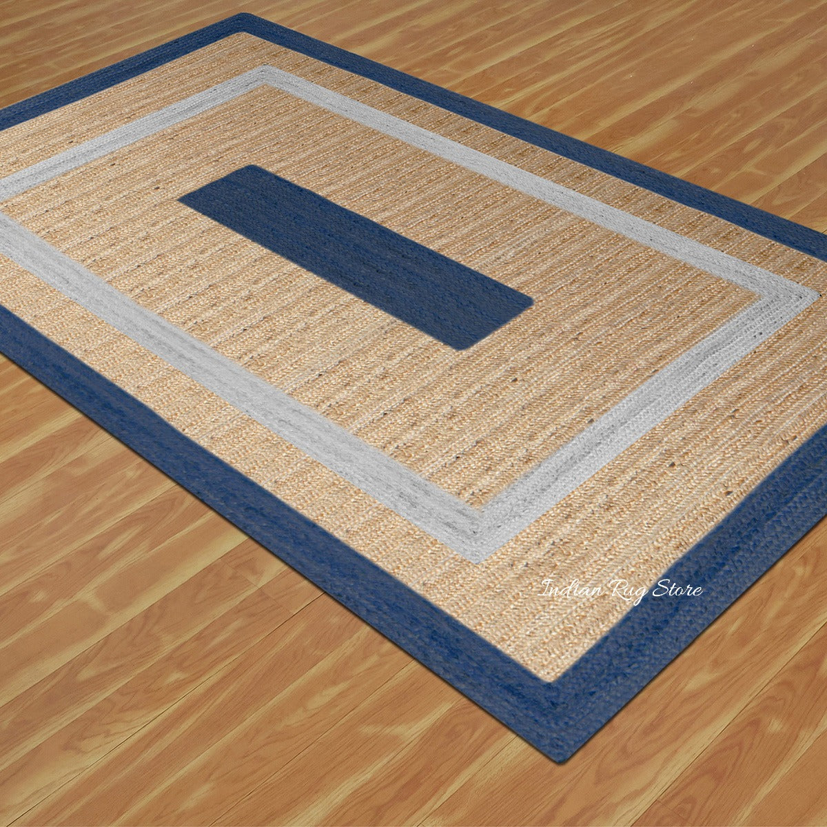 Blue Beige Hand Braided Geometric Hallway Jute Rug