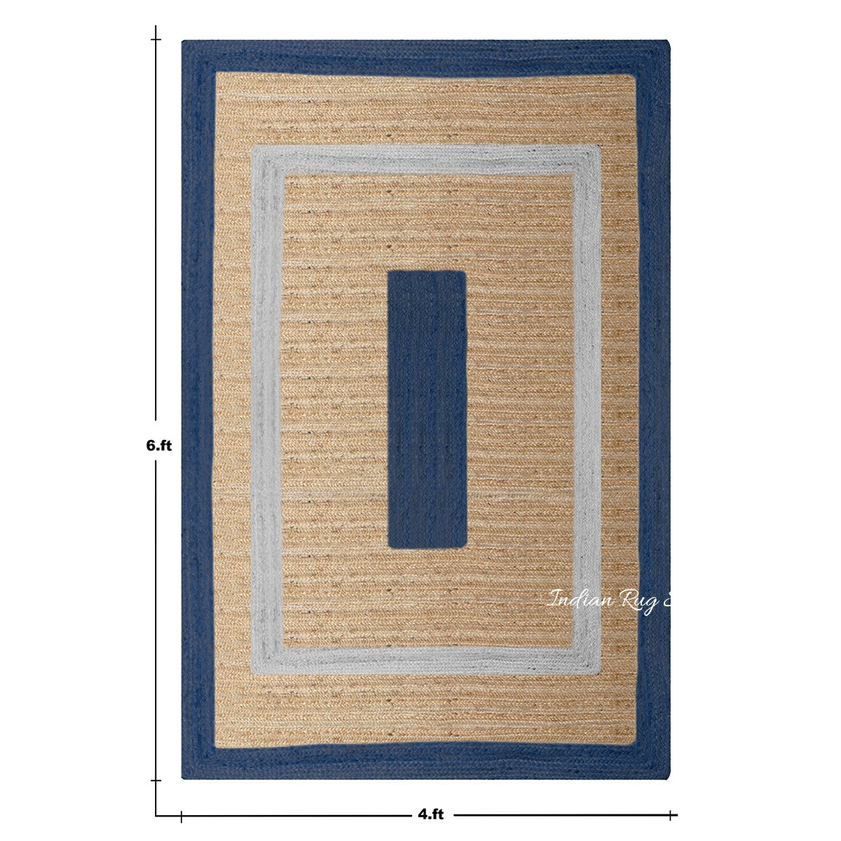 Blue Beige Hand Braided Geometric Hallway Jute Rug