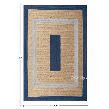 Blue Beige Hand Braided Geometric Hallway Jute Rug