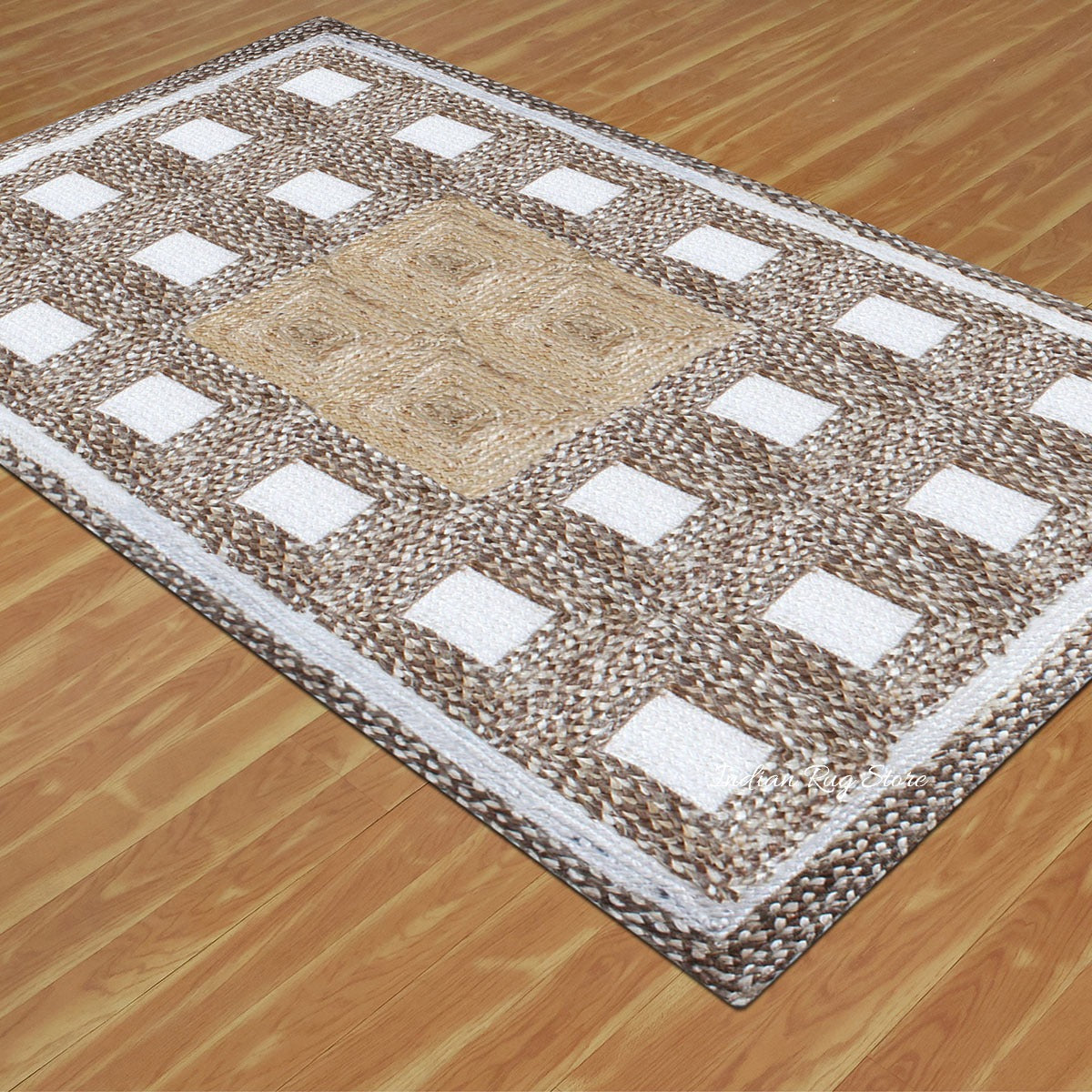 Rectangle Hand Braided Geometric Beige Multicolor Home Decor Jute Rug