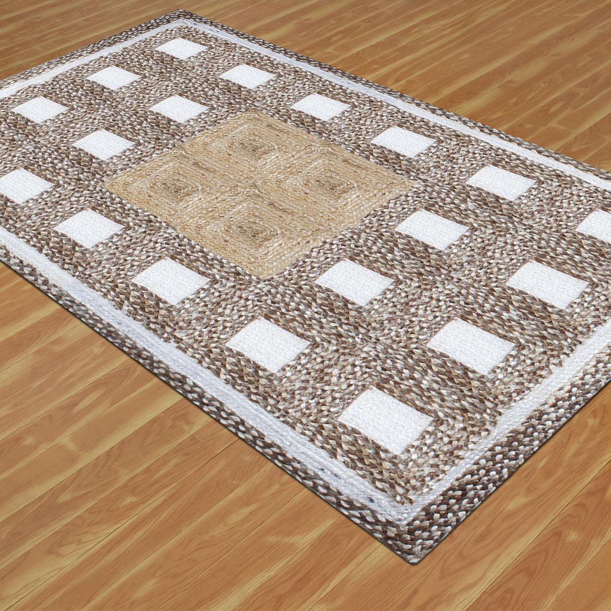 Rectangle Hand Braided Geometric Beige Multicolor Home Decor Jute Rug - Indian Rug Store