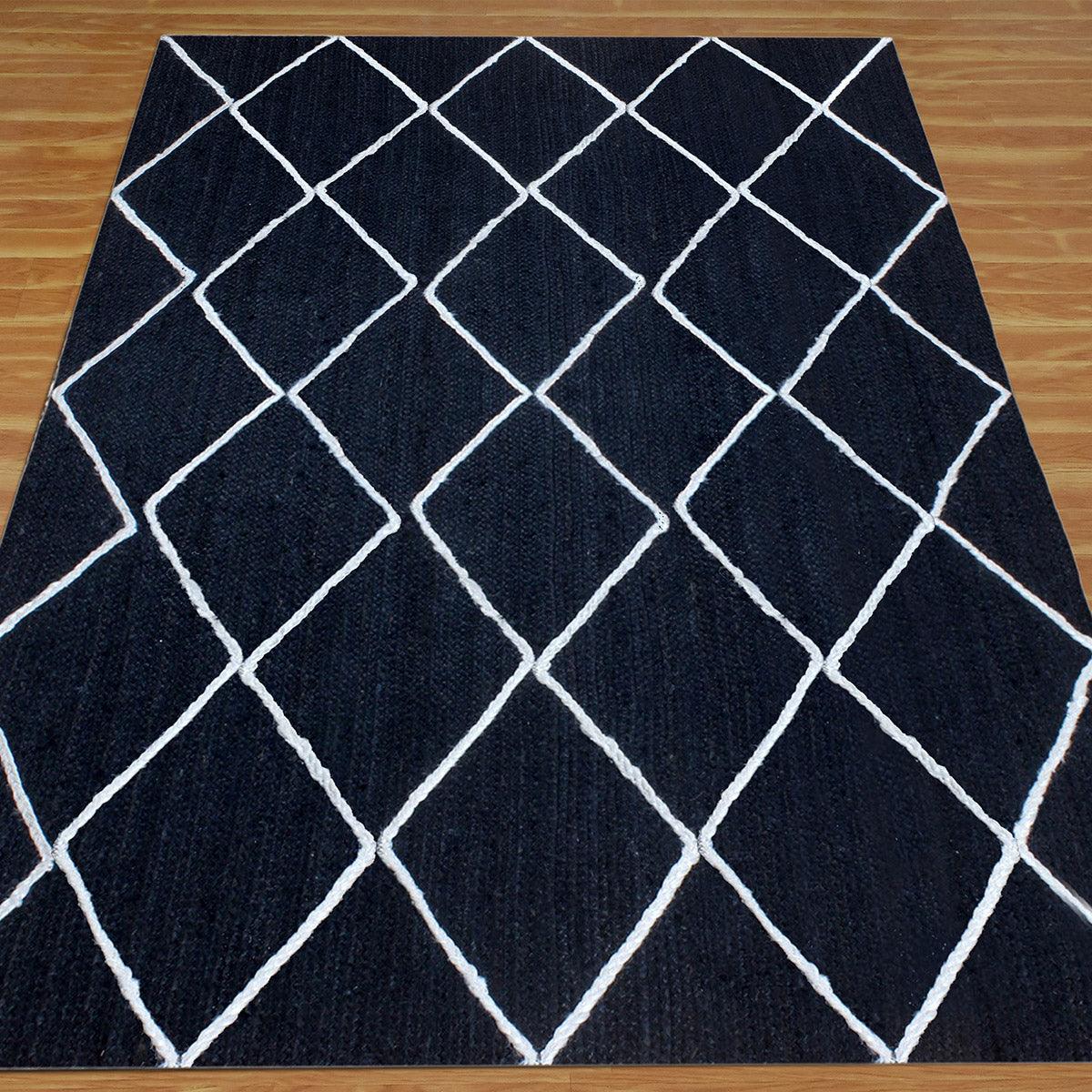 Blue White Geometric Hand Braided Entrance Decor Jute Rug - Indian Rug Store