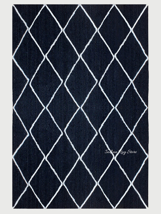 Blue White Geometric Hand Braided Entrance Decor Jute Rug