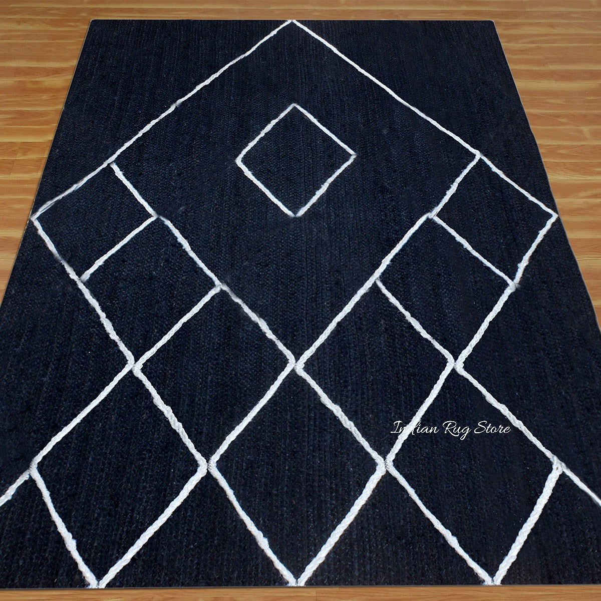 Geometric White Blue Hand Braided Out House Jute Rug