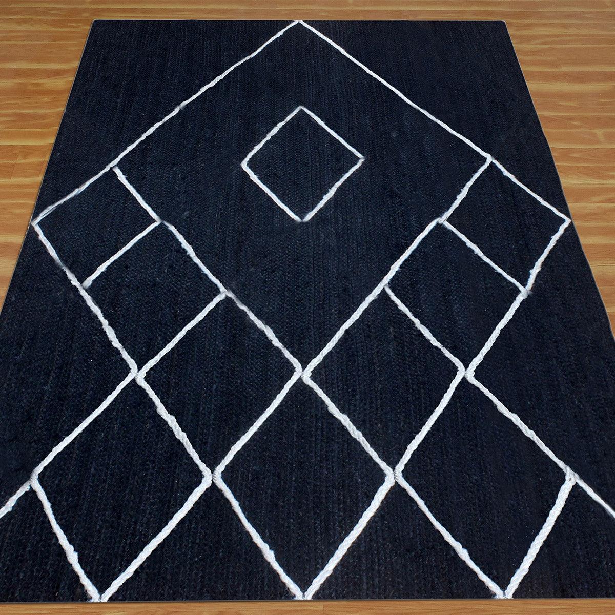 Geometric White Blue Hand Braided Out House Jute Rug - Indian Rug Store