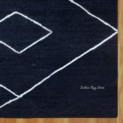 Geometric White Blue Hand Braided Out House Jute Rug