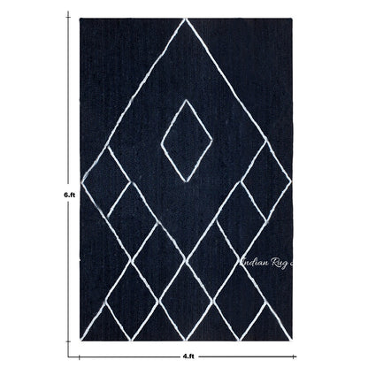 Geometric White Blue Hand Braided Out House Jute Rug