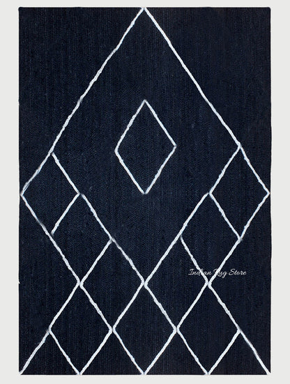 Geometric White Blue Hand Braided Out House Jute Rug