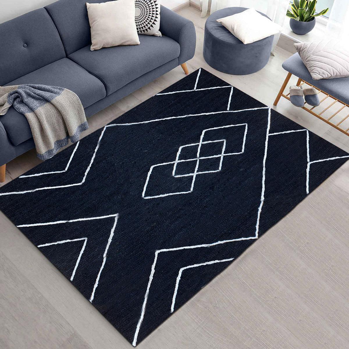 Hand Braided Farm House White Blue Rectangle Jute Rug - Indian Rug Store