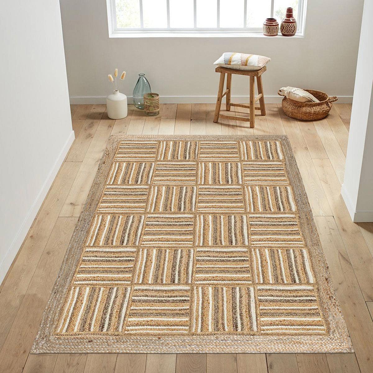 Hand Braided Beige White Geometric Home Decor Jute Rug - Indian Rug Store