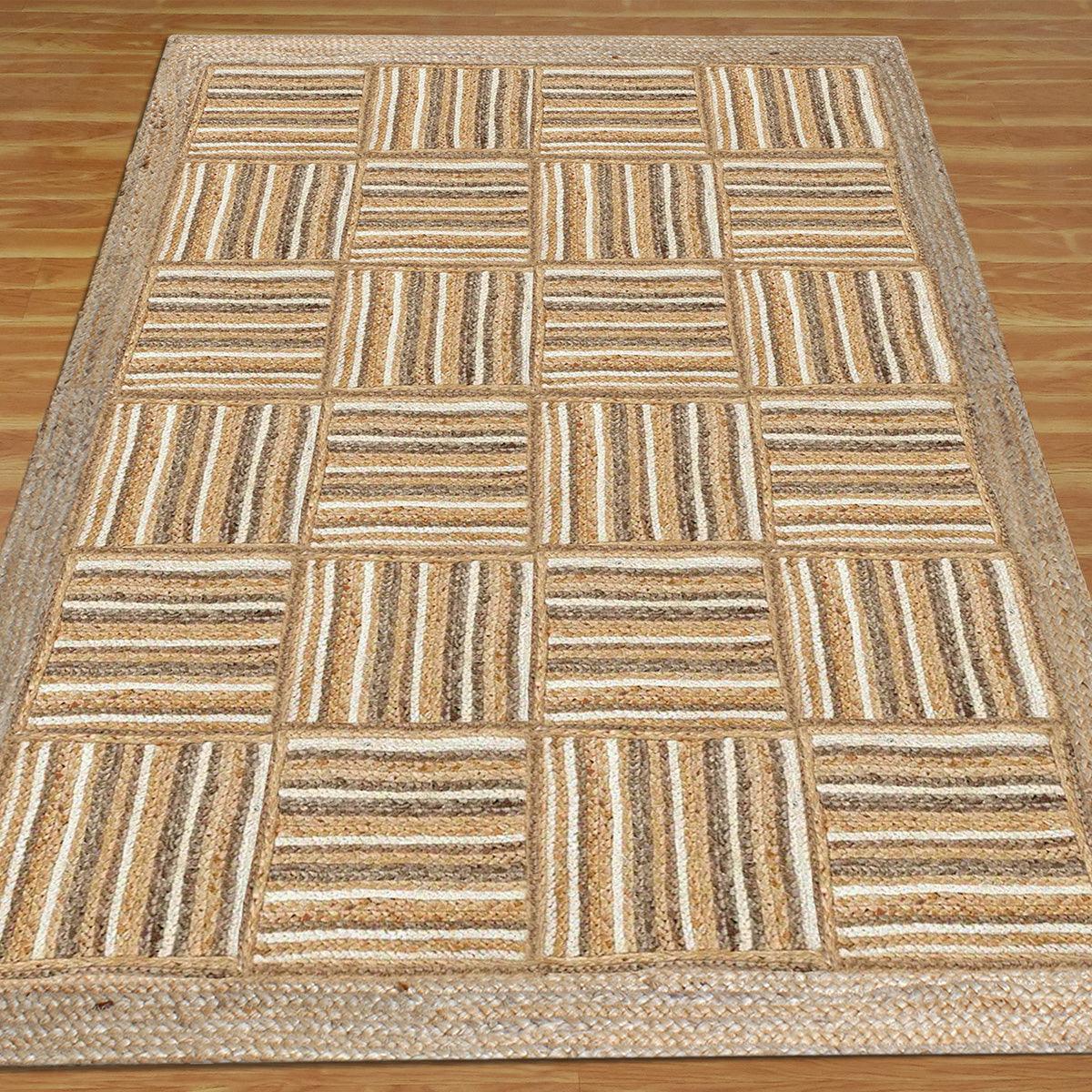 Hand Braided Beige White Geometric Home Decor Jute Rug - Indian Rug Store