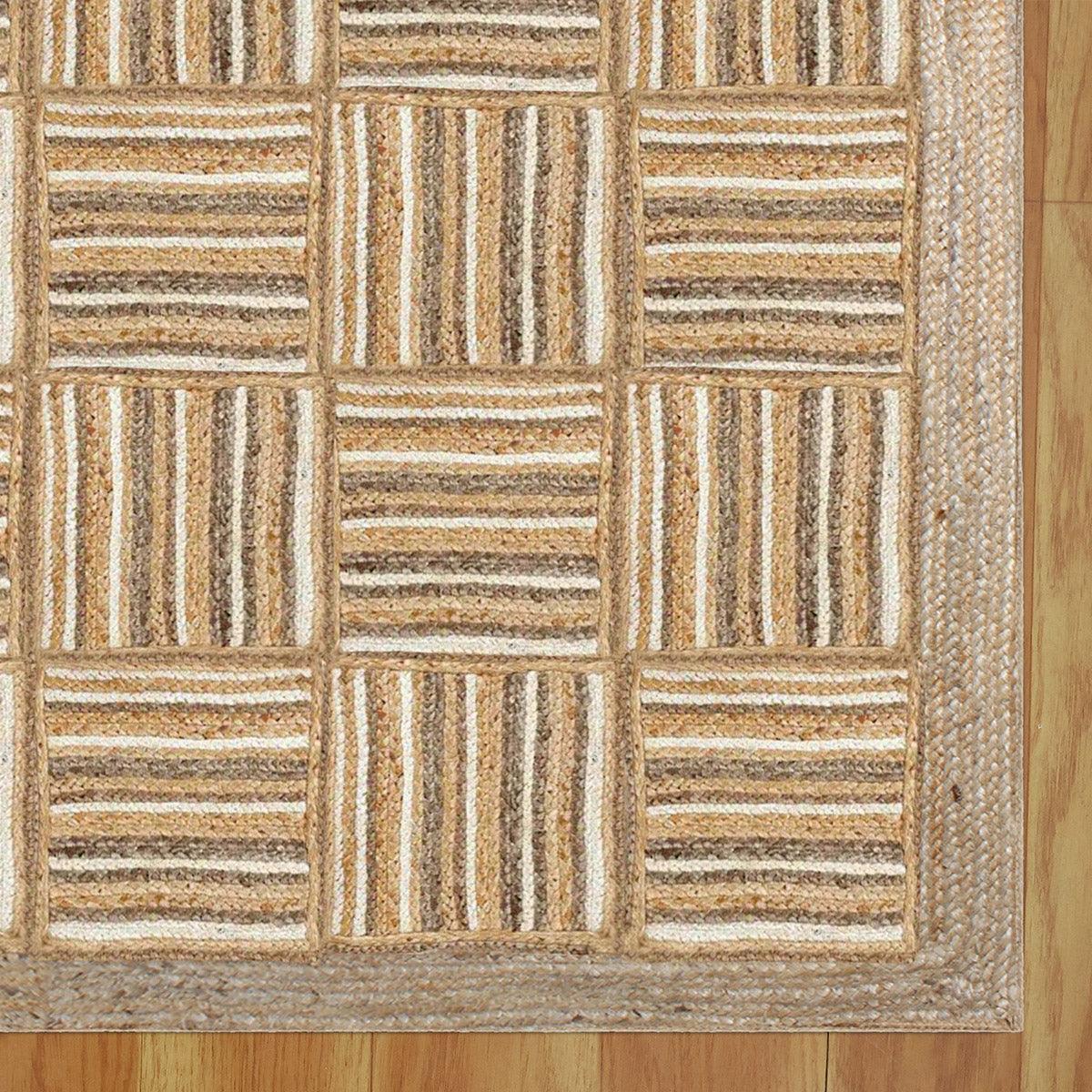 Hand Braided Beige White Geometric Home Decor Jute Rug - Indian Rug Store