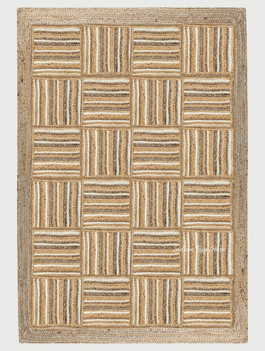 Hand Braided Beige White Geometric Home Decor Jute Rug