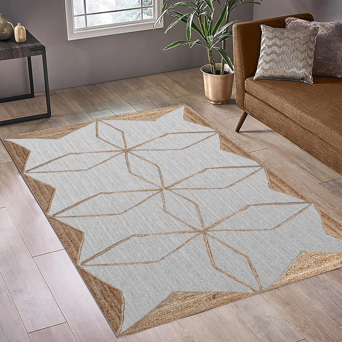 Hand Braided Geometric White Beige Home Decor Jute Dhurries - Indian Rug Store