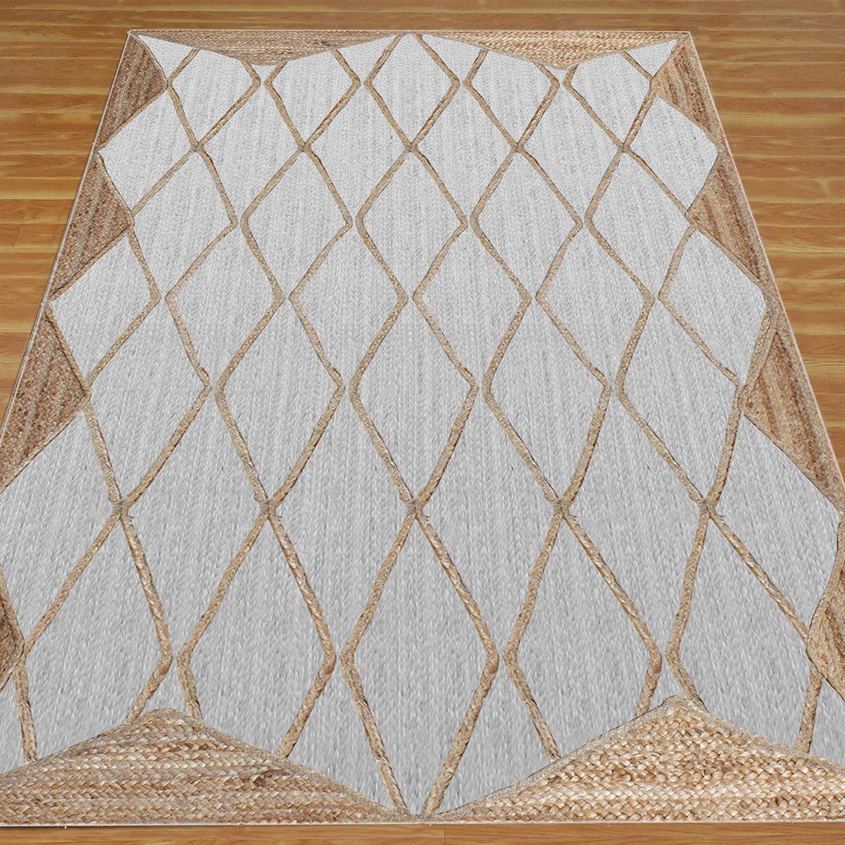 White Beige Hand Braided Geometric Dining Room Decor Jute Dhurries - Indian Rug Store