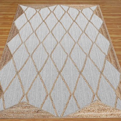 White Beige Hand Braided Geometric Dining Room Decor Jute Dhurries - Indian Rug Store