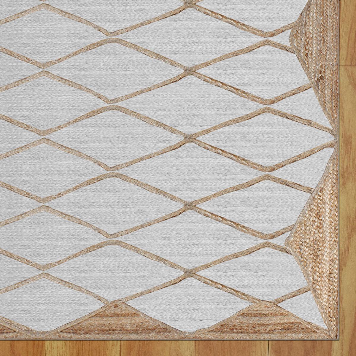 White Beige Hand Braided Geometric Dining Room Decor Jute Dhurries - Indian Rug Store