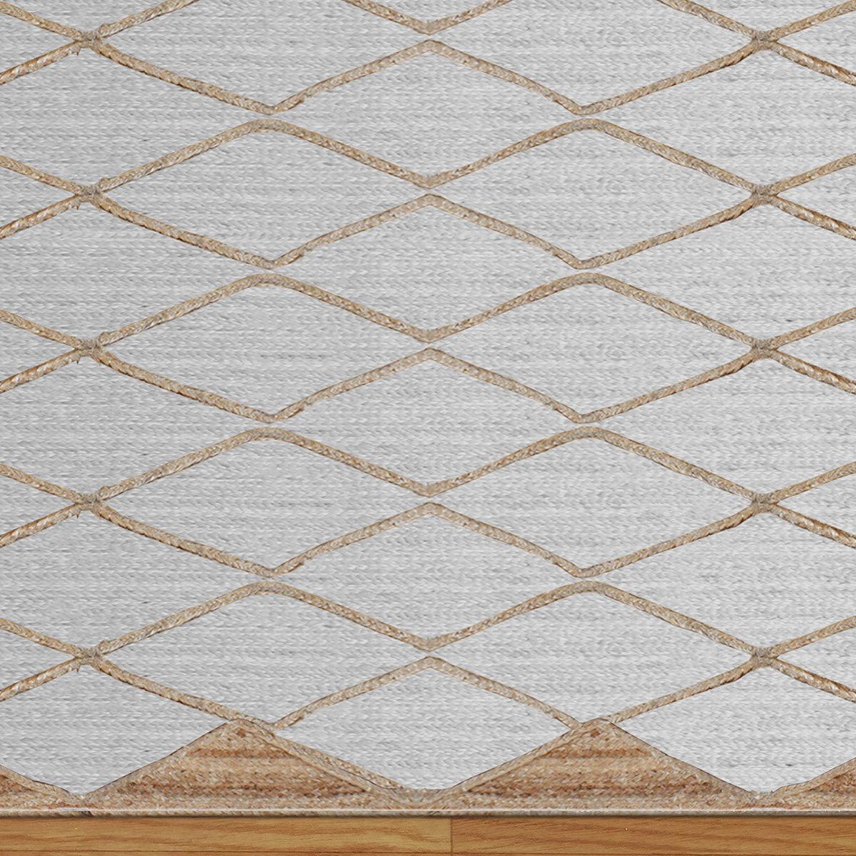 White Beige Hand Braided Geometric Dining Room Decor Jute Dhurries - Indian Rug Store