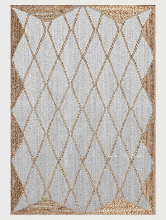 White Beige Hand Braided Geometric Dining Room Decor Jute Dhurries