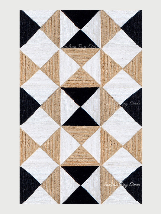 Black White Hand Braided Geometric Living Area Jute Dhurries