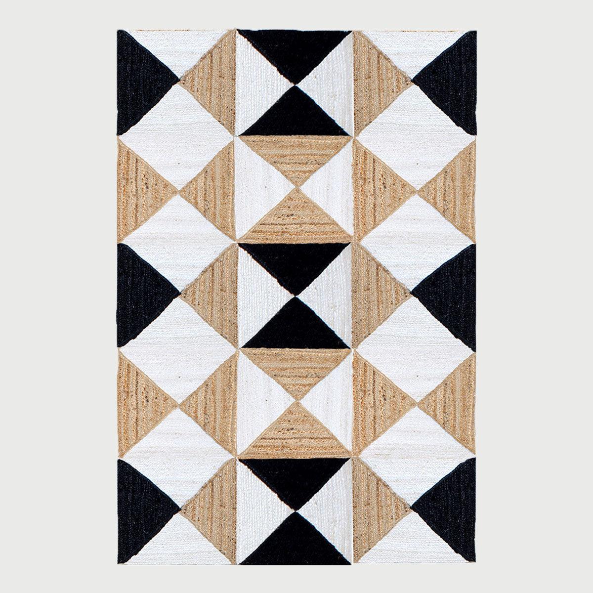 Black White Hand Braided Geometric Living Area Jute Dhurries - Indian Rug Store