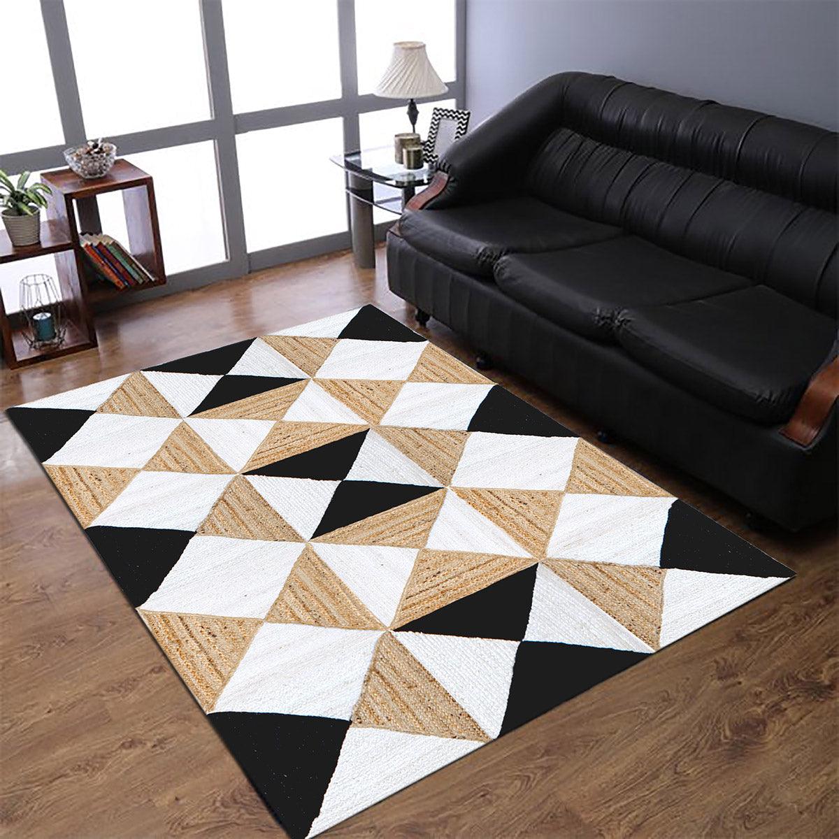 Black White Hand Braided Geometric Living Area Jute Dhurries - Indian Rug Store