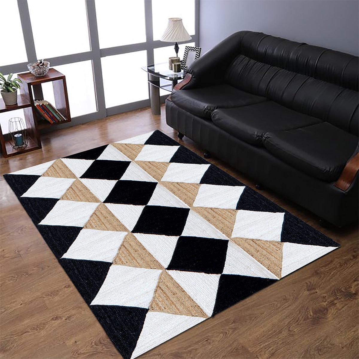 Geometric White Black Hand Braided Bed Room Decor Jute Dhurries - Indian Rug Store