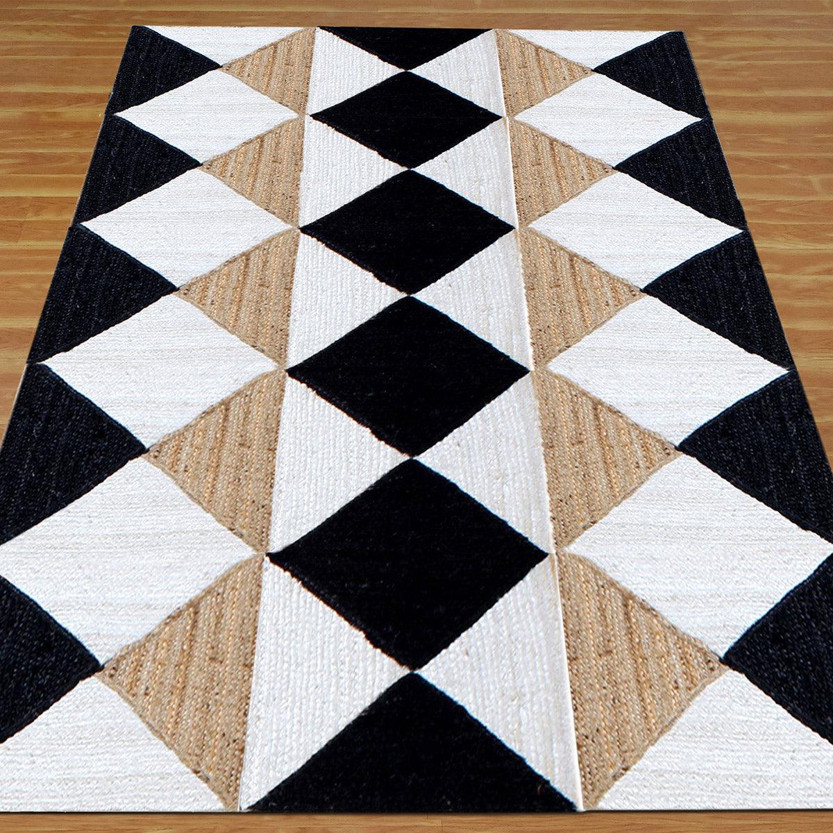 Geometric White Black Hand Braided Bed Room Decor Jute Dhurries - Indian Rug Store