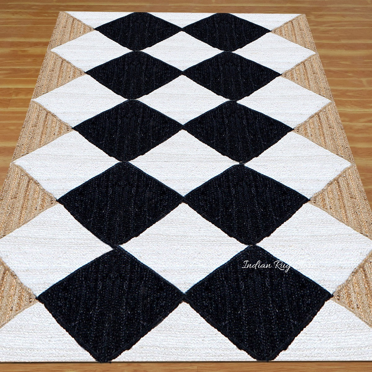 Hand Braided Geometric Black White Home Decor Jute Dhurries