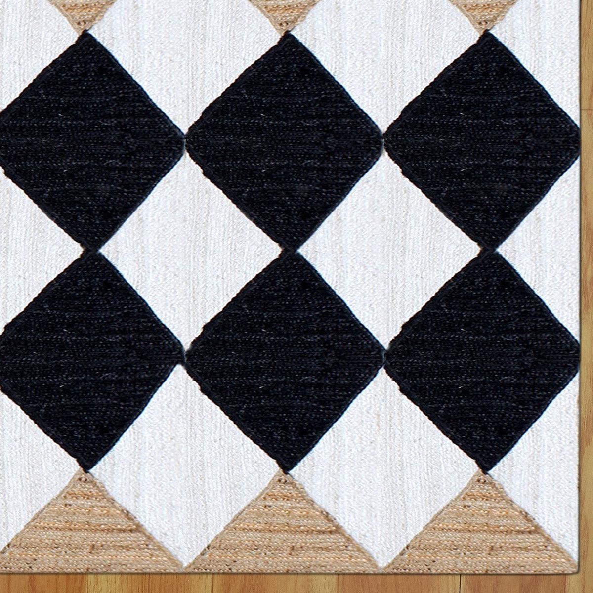 Hand Braided Geometric Black White Home Decor Jute Dhurries - Indian Rug Store