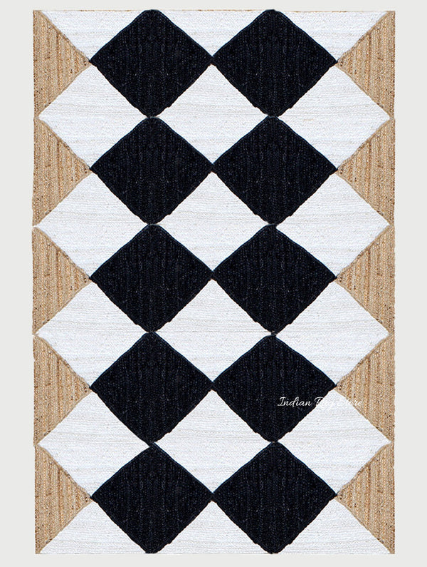 Hand Braided Geometric Black White Home Decor Jute Dhurries - Indian Rug Store