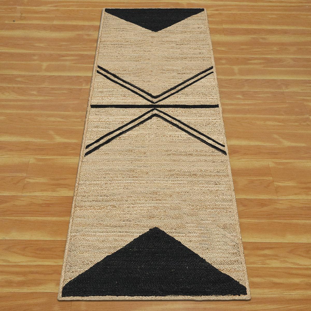 Geometric Hand Braided Beige Black Interior Decor Jute Dhurries - Indian Rug Store