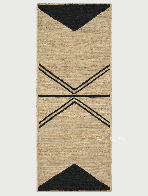 Geometric Hand Braided Beige Black Interior Decor Jute Dhurries - Indian Rug Store