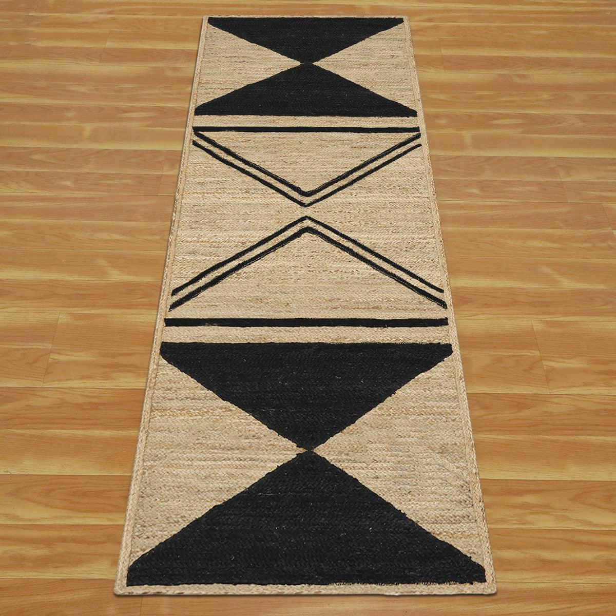 Black Beige Hand Braided Geometric Farm House Decor Jute Dhurries - Indian Rug Store