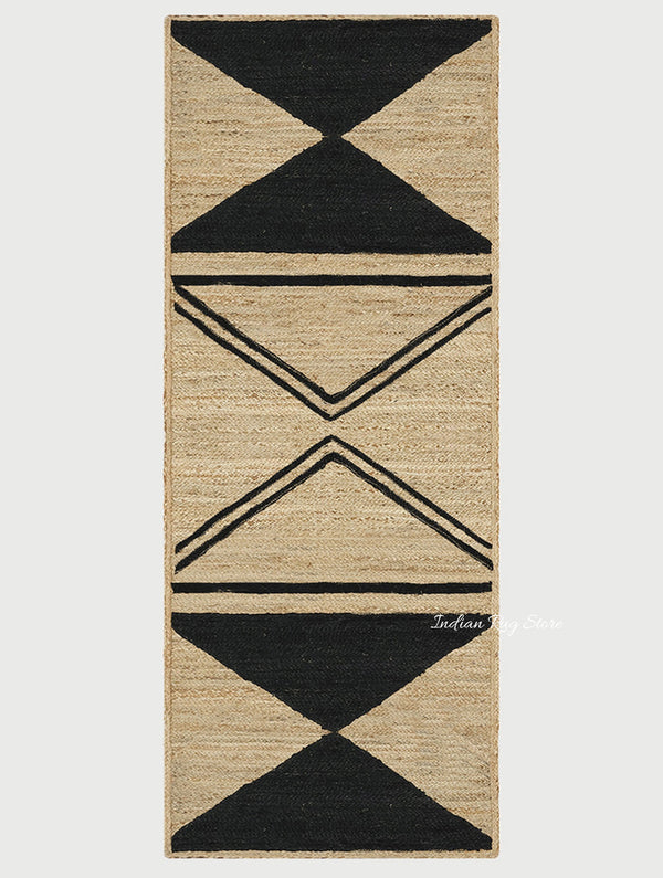 Black Beige Hand Braided Geometric Farm House Decor Jute Dhurries - Indian Rug Store