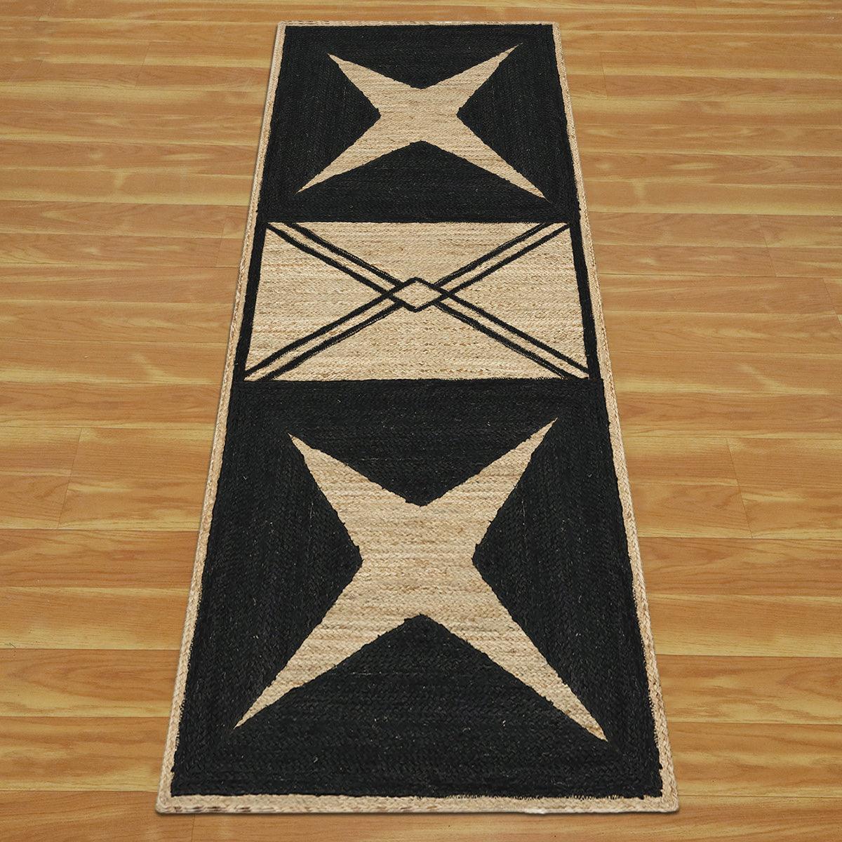 Rectangle Hand Braided Beige Black Geometric Out House Jute Dhurries - Indian Rug Store