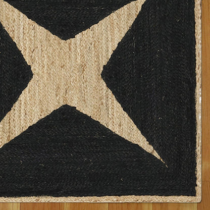 Rectangle Hand Braided Beige Black Geometric Out House Jute Dhurries - Indian Rug Store