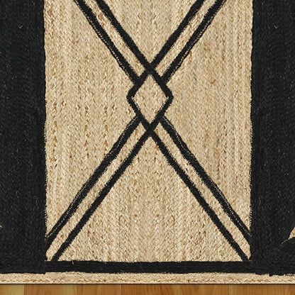 Rectangle Hand Braided Beige Black Geometric Out House Jute Dhurries - Indian Rug Store