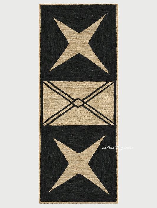 Rectangle Hand Braided Beige Black Geometric Out House Jute Dhurries