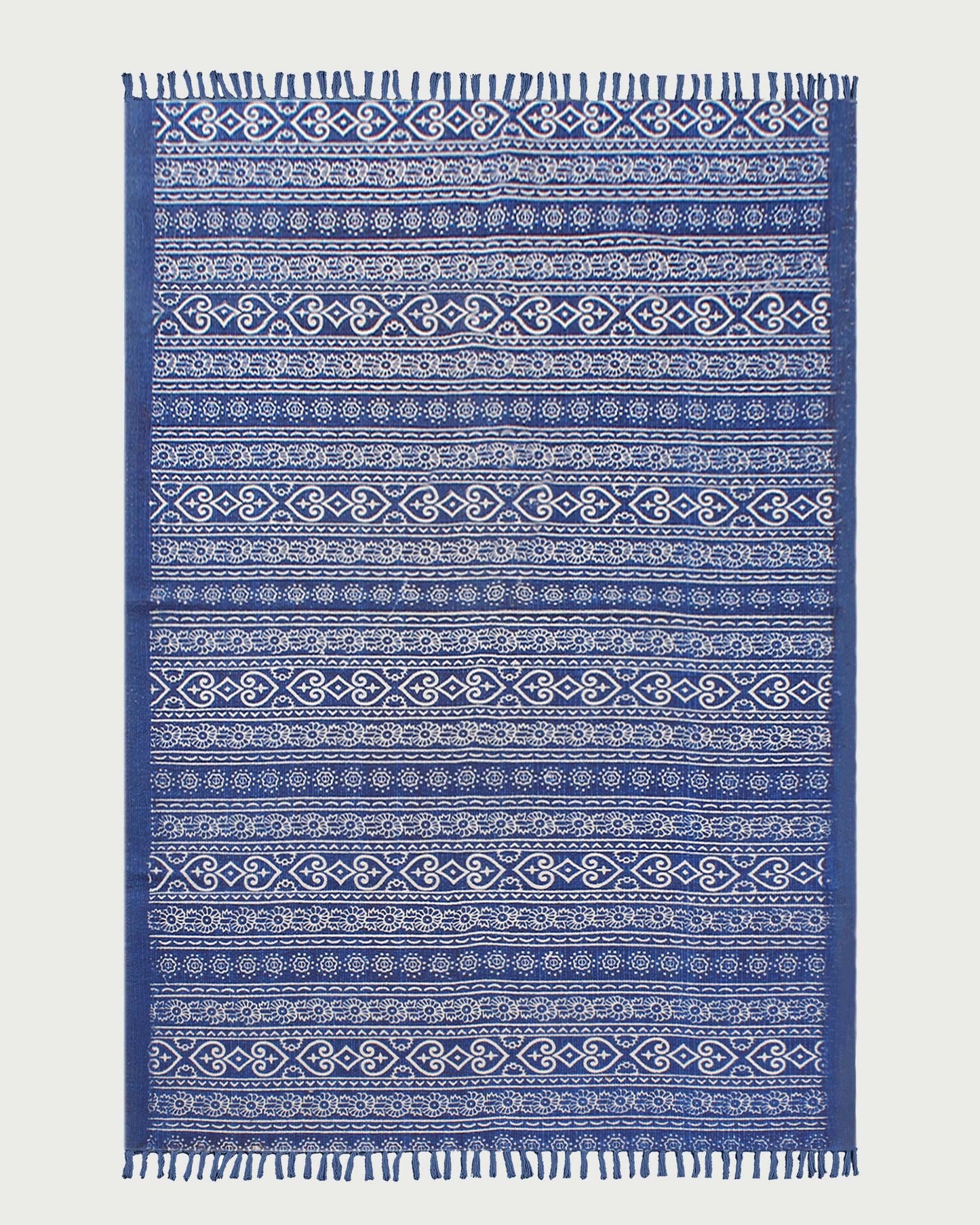 Hand Block Print Work Blue Beige Striped Outhouse Decor Cotton Rug