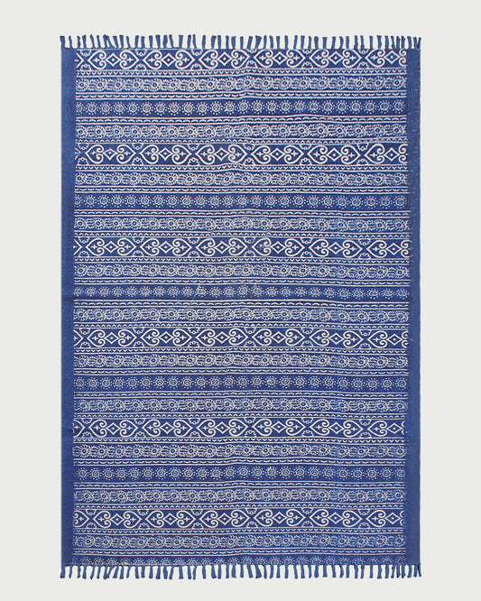 Hand Block Print Work Blue Beige Striped Outhouse Decor Cotton Rug